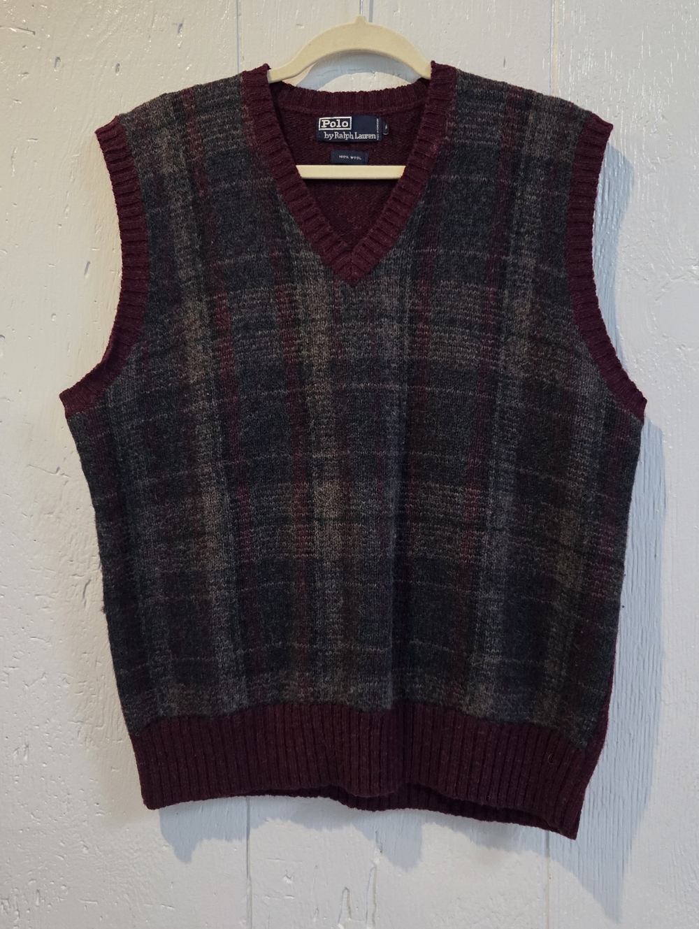 Polo by Ralph Lauren Burgundy Gray Plaid V-Neck Sweater Vest Vintage 90s Grandpa